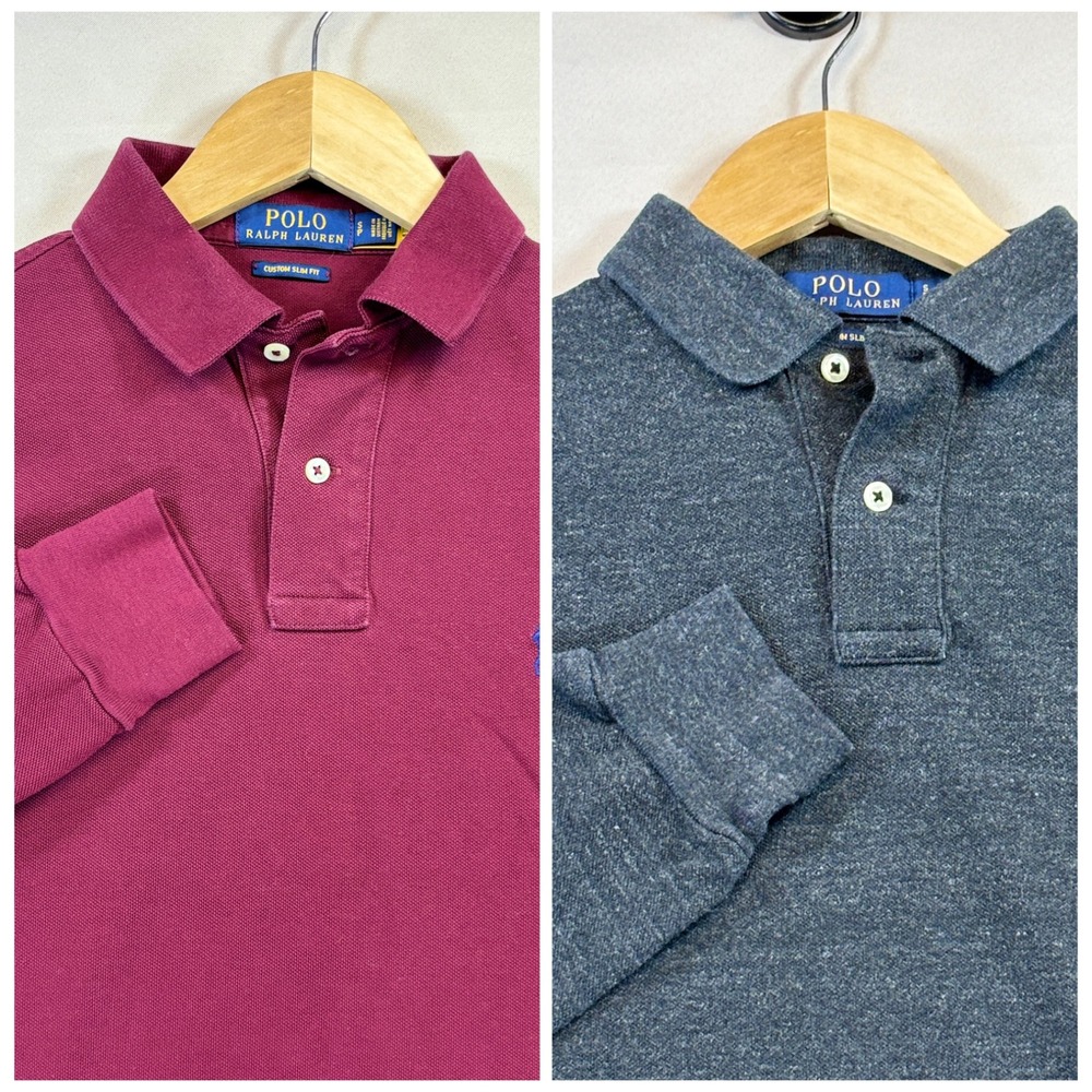 2 Polo Ralph Lauren Polo Shirts Mens Small Burgundy Grey Long Sleeve Slim Pique